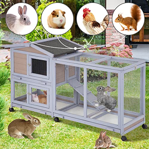 Rabbit Cage Rabbit Hutch Guinea Pig Cage Large Indoor Outdoor Bunny Hutch with Wheels Removable Tray Lockable Doors Waterproof Roof for Small to Medium Animals (Grey)