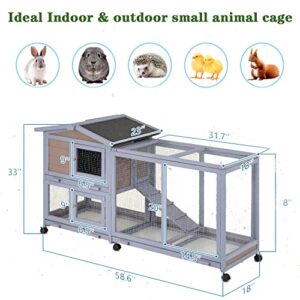 Rabbit Cage Rabbit Hutch Guinea Pig Cage Large Indoor Outdoor Bunny Hutch with Wheels Removable Tray Lockable Doors Waterproof Roof for Small to Medium Animals (Grey)