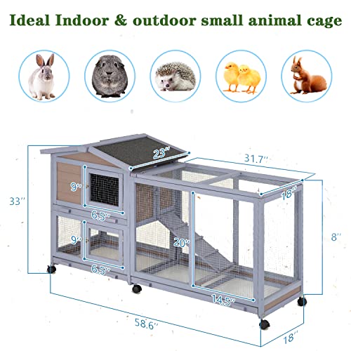 Rabbit Cage Rabbit Hutch Guinea Pig Cage Large Indoor Outdoor Bunny Hutch with Wheels Removable Tray Lockable Doors Waterproof Roof for Small to Medium Animals (Grey)