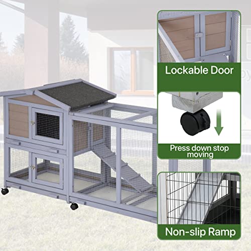 Rabbit Cage Rabbit Hutch Guinea Pig Cage Large Indoor Outdoor Bunny Hutch with Wheels Removable Tray Lockable Doors Waterproof Roof for Small to Medium Animals (Grey)