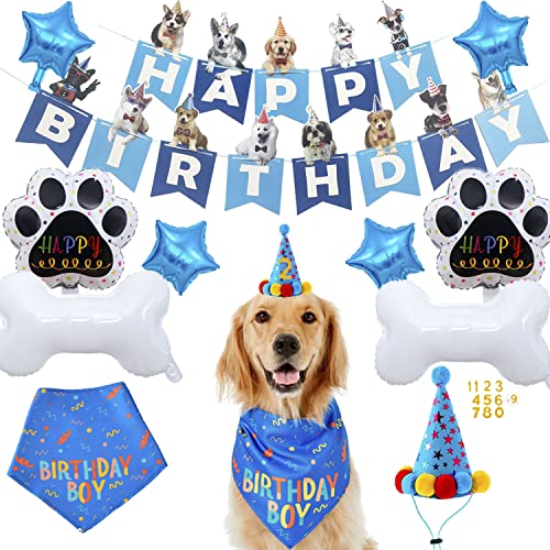 Hollucky Dog Birthday Party Supplies,Dog Party Decorations Set with Dog Birthday Hat,Birthday Banner,Dog Paw Bone Balloon,Dog Birthday Bandana for Large Dogs Pets,Puppy Supplies,Dog Birthday Gift