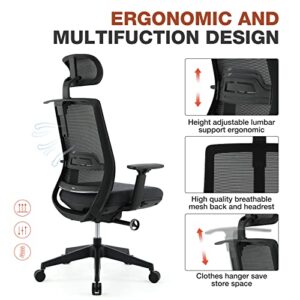 Home Office Desk Chair Ergonomic High Back Office Chair Mesh Office Chair Reclining Computer Chair Swivel Rolling Task Chair with Wheets, Coat Hanger and Adjustable Headrest Armrest, Black