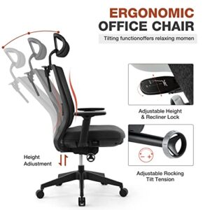 Home Office Desk Chair Ergonomic High Back Office Chair Mesh Office Chair Reclining Computer Chair Swivel Rolling Task Chair with Wheets, Coat Hanger and Adjustable Headrest Armrest, Black