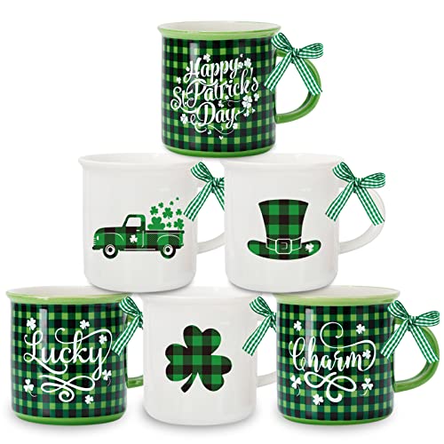 Whaline 6Pcs St. Patrick's Day Mini Coffee Mug with Ribbon Green Black Plaid Shamrock Hat Truck Mini Mug Irish Holiday Tiered Tray Decor for Holiday Table Centerpieces Decor Housewarming Gift