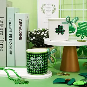 Whaline 6Pcs St. Patrick's Day Mini Coffee Mug with Ribbon Green Black Plaid Shamrock Hat Truck Mini Mug Irish Holiday Tiered Tray Decor for Holiday Table Centerpieces Decor Housewarming Gift