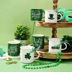 Whaline 6Pcs St. Patrick's Day Mini Coffee Mug with Ribbon Green Black Plaid Shamrock Hat Truck Mini Mug Irish Holiday Tiered Tray Decor for Holiday Table Centerpieces Decor Housewarming Gift