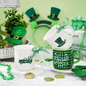 Whaline 6Pcs St. Patrick's Day Mini Coffee Mug with Ribbon Green Black Plaid Shamrock Hat Truck Mini Mug Irish Holiday Tiered Tray Decor for Holiday Table Centerpieces Decor Housewarming Gift