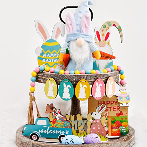 Easter Tiered Tray Decorations-14Pcs Easter Tiered Tray Decor-Gnome Plush, Beads Garland, Bunny Wood Signs-Spring Farmhouse Table Wooden Sign Party Decor for Holiday Kitchen Tabletop Home Table Window