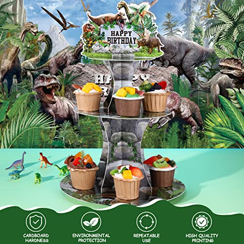 Dinosaur Cupcake Stand Dinosaur Cardboard Cupcake Holder Dinosaur Cupcake Stand Set Dinosaur Dessert Tower Holder 3 Tier Dino Mini Cake Stand for Kids Birthday Dinosaur Theme Party Decorations