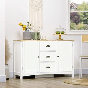 HOMCOM Sideboard Buffet Cabinet, Retro Kitchen Cabinet, Coffee Bar Cabinet with Rubber Wood Top, Drawers, Adjustable Shelves for Living Room, Entryway, White