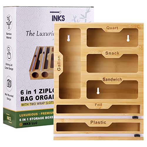 INKS Bamboo Ziplock Bag Organizer for Drawer, 6 in 1 Aluminum Foil and Plastic Wrap Dispenser With Cutter, Ziplock Baggie Kitchen Organization Storage Suitable for Food Gallon-Quart-Sandwich-Snack-Bag