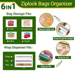 INKS Bamboo Ziplock Bag Organizer for Drawer, 6 in 1 Aluminum Foil and Plastic Wrap Dispenser With Cutter, Ziplock Baggie Kitchen Organization Storage Suitable for Food Gallon-Quart-Sandwich-Snack-Bag