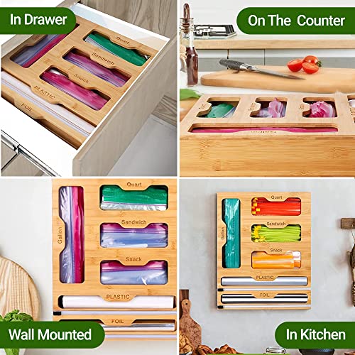 INKS Bamboo Ziplock Bag Organizer for Drawer, 6 in 1 Aluminum Foil and Plastic Wrap Dispenser With Cutter, Ziplock Baggie Kitchen Organization Storage Suitable for Food Gallon-Quart-Sandwich-Snack-Bag