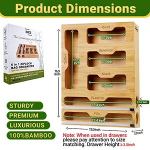 INKS Bamboo Ziplock Bag Organizer for Drawer, 6 in 1 Aluminum Foil and Plastic Wrap Dispenser With Cutter, Ziplock Baggie Kitchen Organization Storage Suitable for Food Gallon-Quart-Sandwich-Snack-Bag