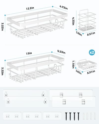 POKIPO Shower Caddy 5 Pack, Adhesive Shower Organizer with Soap Dishes & Toothbrush Holder & 20 Hooks, Large Rustproof Stainless Steel Bathroom Shower Shelf for Inside Shower Storage Decor, White