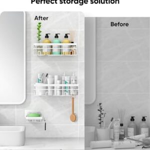 POKIPO Shower Caddy 5 Pack, Adhesive Shower Organizer with Soap Dishes & Toothbrush Holder & 20 Hooks, Large Rustproof Stainless Steel Bathroom Shower Shelf for Inside Shower Storage Decor, White