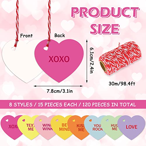 Whaline 120Pcs Valentine Paper Gift Tags with 98.4ft Hemp Rope Colorful Conversation Heart Hanging Tags Pre-Punched Labels Tags for Valentine's Day Wedding Anniversary DIY Crafts Party Favor Decor