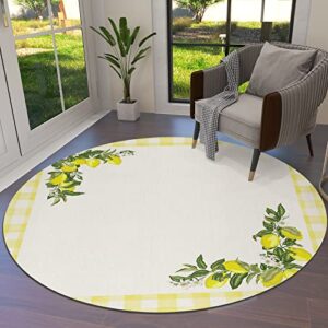 summer lemon round area rugs collection 6', watercolor fruit yellow plaid non slip indoor circular throw runner rug floor mat carpet for living room dining table bedroom nursery decor