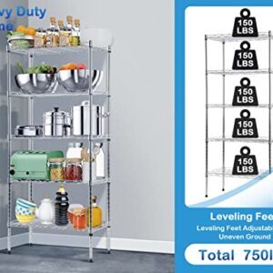 Metal Shelving, 5 Tier Wire Shelving Unit, Adjustable Strong Steel Storage Shelf, Metal Shelves, Kitchen Storage Rack, Pantry Standing Shelves for Laundry Storage 750Lbs Capacity,22" L x 12" W x 48" H