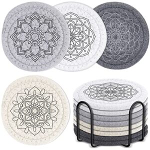 8 pieces coasters for drink absorbent, billbotk mandala drink coasters with holder, woven coasters set for coffee table, wooden table and home decor, 4.3 inches