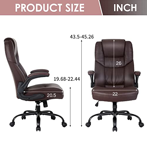 Ergonomic Office Chair PU Leather Desk Chair High Back Computer Chair with Lumbar Support Flip up Armrest Rolling Swivel Adjustable Task Chair for Adults(Brown)