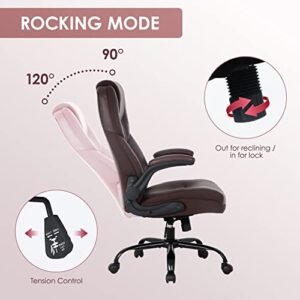 Ergonomic Office Chair PU Leather Desk Chair High Back Computer Chair with Lumbar Support Flip up Armrest Rolling Swivel Adjustable Task Chair for Adults(Brown)