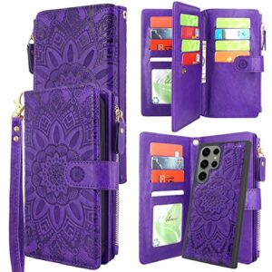 harryshell detachable magnetic zipper wallet leather case with cash coin pocket 12 card slots holder wrist strap lanyard for samsung galaxy s23 ultra 5g (2023) (flower purple)