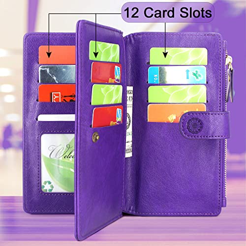 Harryshell Detachable Magnetic Zipper Wallet Leather Case with Cash Coin Pocket 12 Card Slots Holder Wrist Strap Lanyard for Samsung Galaxy S23 Ultra 5G (2023) (Flower Purple)