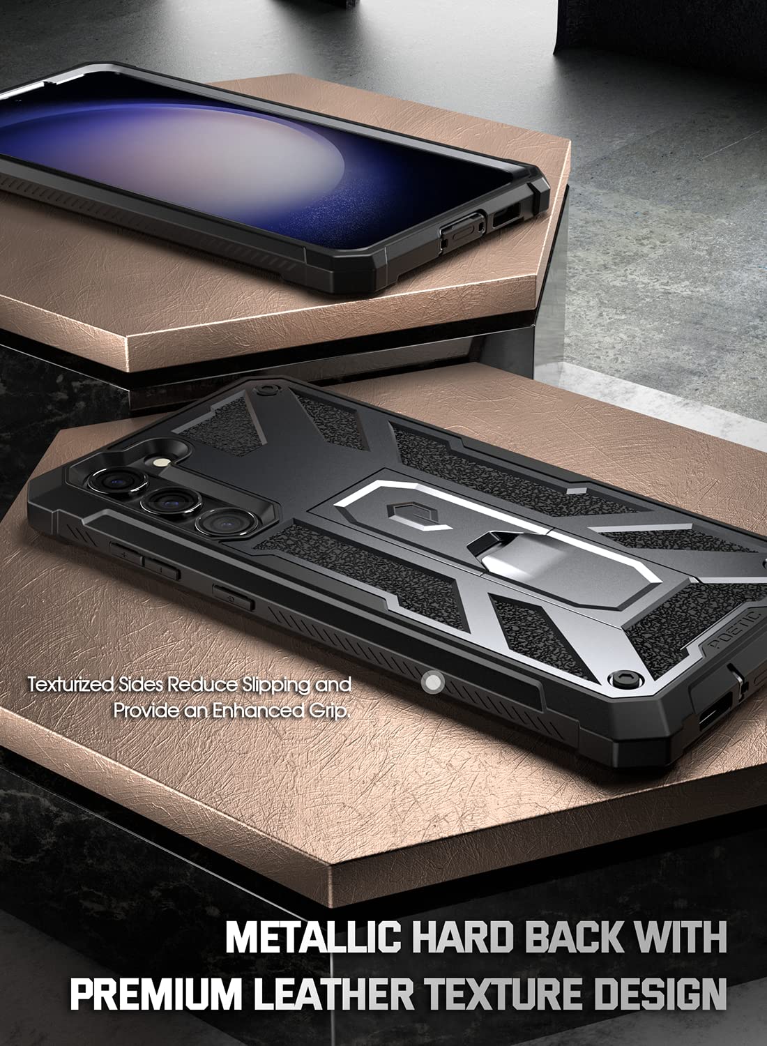 Poetic Spartan Case for Galaxy S23+ Plus 5G 6.7", Fingerprint ID, Rugged Shockproof Cover, Kickstand, Metallic Gun Metal