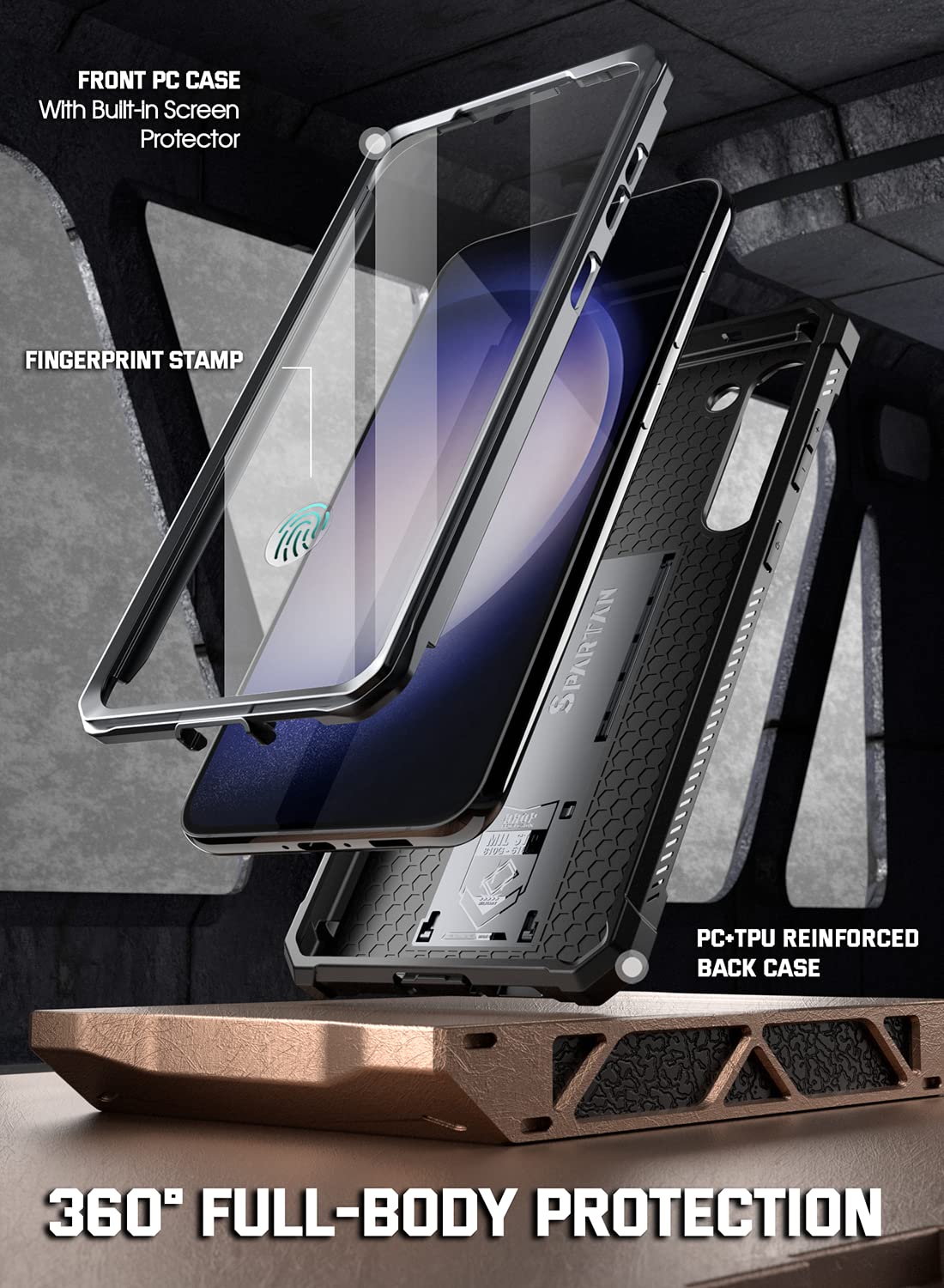 Poetic Spartan Case for Galaxy S23+ Plus 5G 6.7", Fingerprint ID, Rugged Shockproof Cover, Kickstand, Metallic Gun Metal
