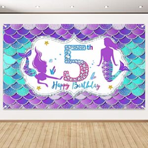 mermaid 5th birthday banner decorations for girls, little mermaid themed happy 5 year old birthday background sign party supplies, under the sea five bday poster decor for outdoor indoor