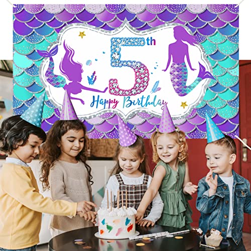 Mermaid 5th Birthday Banner Decorations for Girls, Little Mermaid Themed Happy 5 Year Old Birthday Background Sign Party Supplies, Under The Sea Five Bday Poster Decor for Outdoor Indoor