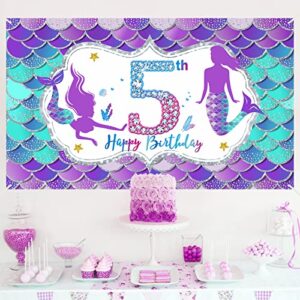 Mermaid 5th Birthday Banner Decorations for Girls, Little Mermaid Themed Happy 5 Year Old Birthday Background Sign Party Supplies, Under The Sea Five Bday Poster Decor for Outdoor Indoor