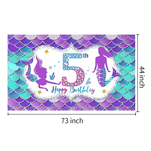 Mermaid 5th Birthday Banner Decorations for Girls, Little Mermaid Themed Happy 5 Year Old Birthday Background Sign Party Supplies, Under The Sea Five Bday Poster Decor for Outdoor Indoor