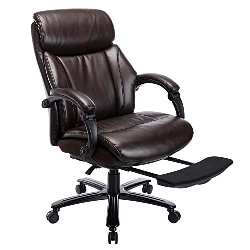 COLAMY Office Chair Big and Tall 400LBS-Thick Bonded Leather for Lumbar Support and Comfort, Hidden Footrest for Adult Work, Gaming, Study, Relax (Brown)