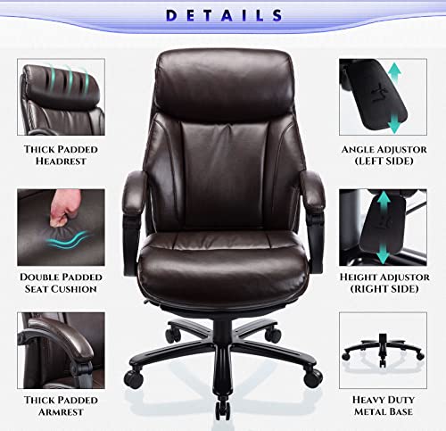 COLAMY Office Chair Big and Tall 400LBS-Thick Bonded Leather for Lumbar Support and Comfort, Hidden Footrest for Adult Work, Gaming, Study, Relax (Brown)