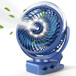 FRIZCOL Clip on Fan with Misting - 6000mAh Portable Fan with Light & Hook - Rechargeable Fan Battery Powered Up to 40 Hours Cooling & 2h Misting for Travel, Office, Desk