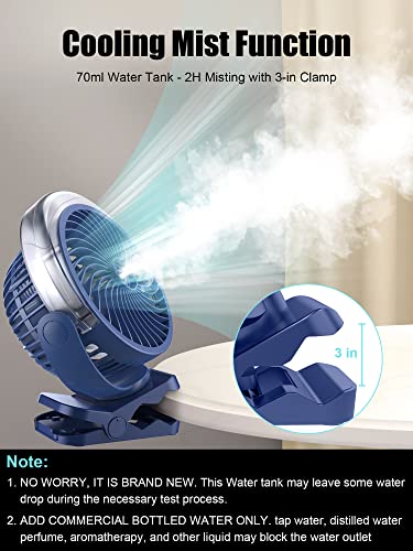 FRIZCOL Clip on Fan with Misting - 6000mAh Portable Fan with Light & Hook - Rechargeable Fan Battery Powered Up to 40 Hours Cooling & 2h Misting for Travel, Office, Desk