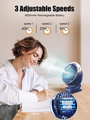 FRIZCOL Clip on Fan with Misting - 6000mAh Portable Fan with Light & Hook - Rechargeable Fan Battery Powered Up to 40 Hours Cooling & 2h Misting for Travel, Office, Desk