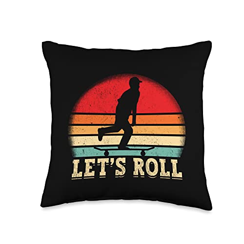 Retro Skateboarder Apparel Funny Let's Roll Skateboard Lover Throw Pillow, 16x16, Multicolor