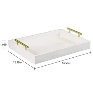 Simoei Serving Tray, Deluxe Tray for Coffee Table with Polished Gold Metal Handles and 2 Coasters, Living Room Bathroom Organizer Modern Decorative Tray, for Storage Or Display (White)