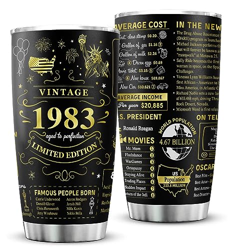 Delsakhula 40th Birthday Gifts for Men Women Friends Vintage 1983 Tumblers 40 Year Old Birthday Supplies Vintage 1983 Back in 1983 Old Time Information Stainless Steel Vacuum Insulated Tumblers 20 oz