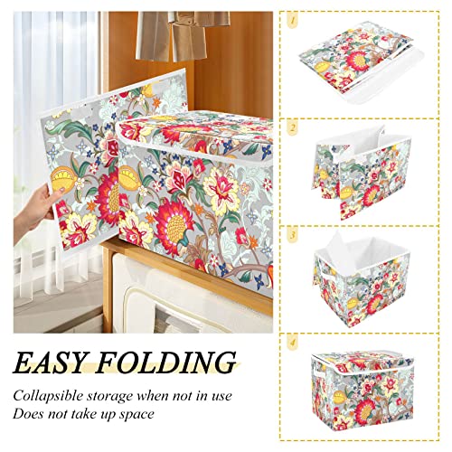 Elegant Flower Storage Basket 16.5x12.6x11.8 In Collapsible Fabric Storage Cubes Organizer Large Storage Bin with Lids and Handles for Shelves Bedroom Closet Office