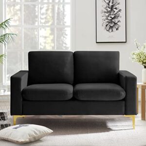 freehomae velvet loveseat with gold metal legs & square armrest small couch sofa for limited space, modern 2- seat sofa for apartment (black)