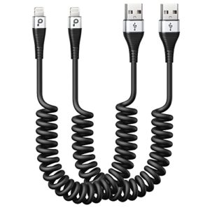 coiled lightning cable 3ft, 2 pack iphone charger cable for car, [apple mfi certified] short retractable charging cord compatible with iphone 14/13/12/11 pro max/xs max/xr/xs/8/ipad/ipod/carplay