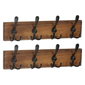 scunda coat rack wall mount with 4 hooks, coat hanger for wall, wooden wall hook for coat, jacket, hat, backpack, belt, tie, key (2-pack, rustic brown)