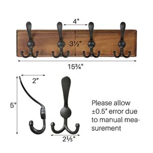 SCUNDA Coat Rack Wall Mount with 4 Hooks, Coat Hanger for Wall, Wooden Wall Hook for Coat, Jacket, Hat, Backpack, Belt, Tie, Key (2-Pack, Rustic Brown)