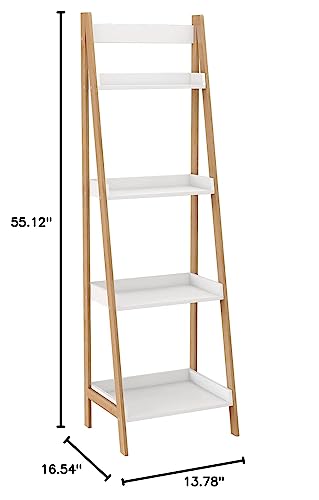 Ladder Shelf, Plant Shelf, Display Shelf, Storage Shelf, Living Room Decor and Accessories, Bamboo Bookshelf, 4 Tier Shelf for Living Room, Bedroom, Kitchen, Rust Resistance, Easy Assembly, White