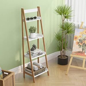 ladder shelf, plant shelf, display shelf, storage shelf, living room decor and accessories, bamboo bookshelf, 4 tier shelf for living room, bedroom, kitchen, rust resistance, easy assembly, white