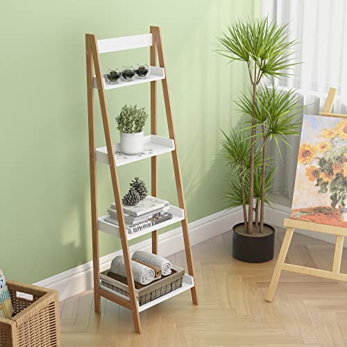 Ladder Shelf, Plant Shelf, Display Shelf, Storage Shelf, Living Room Decor and Accessories, Bamboo Bookshelf, 4 Tier Shelf for Living Room, Bedroom, Kitchen, Rust Resistance, Easy Assembly, White